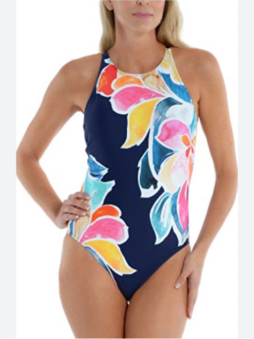 La Blanca OnePiece Swimsuit Navy/multi Floral High Neck Cutout Swimwear Sz 12